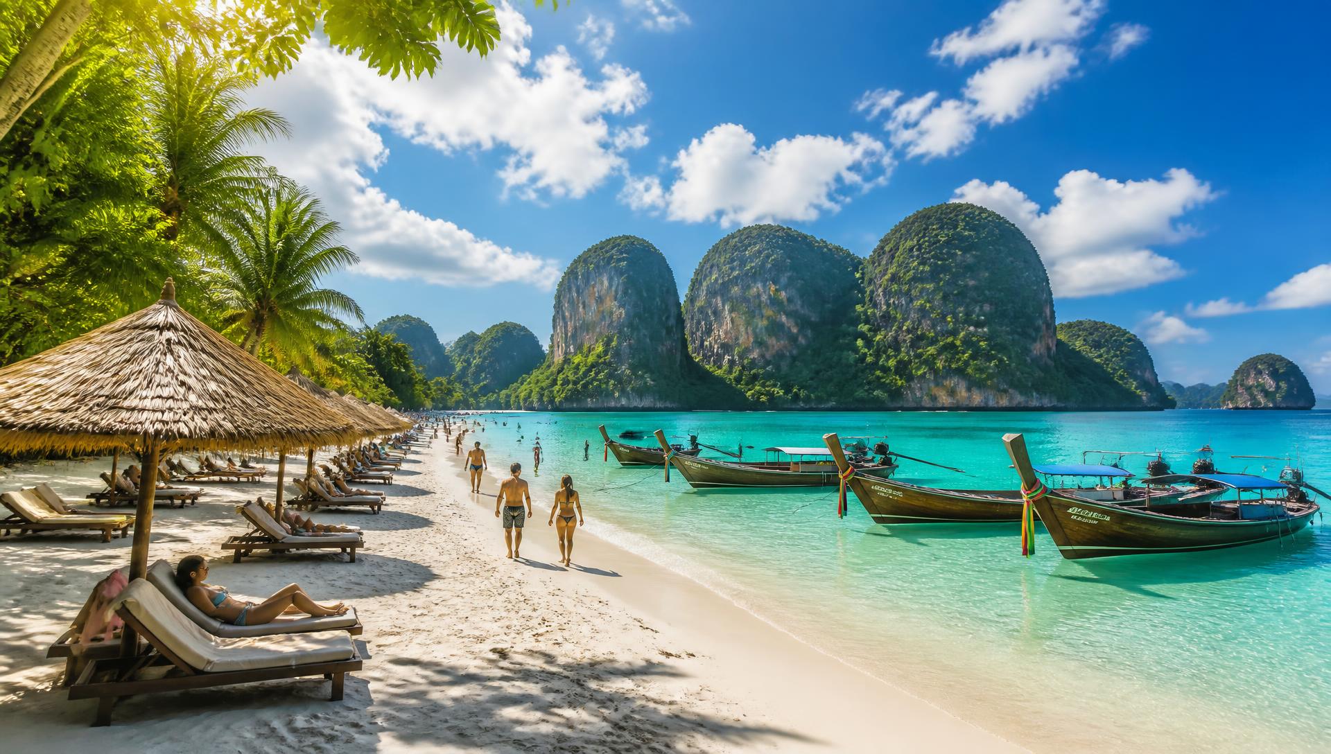 Sunlit tropical beach with people relaxing on loungers, turquoise water, traditional longtail boats and lush green islands in the distance
