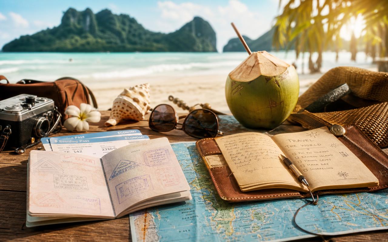 Travel journal, passport, map and fresh coconut drink on a tropical beach with turquoise water and islands in the distance